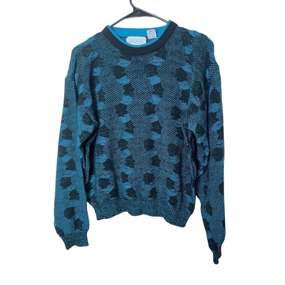 Vintage 1980s Sweater Graphix crew-neck knit sweater turquoise/black graphic pat